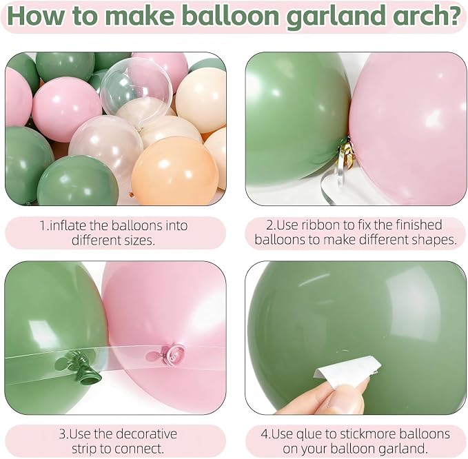 Pink and Sage Green Balloons Arch Kit, Dusty Green Sand White Orange, Party | - Image 3