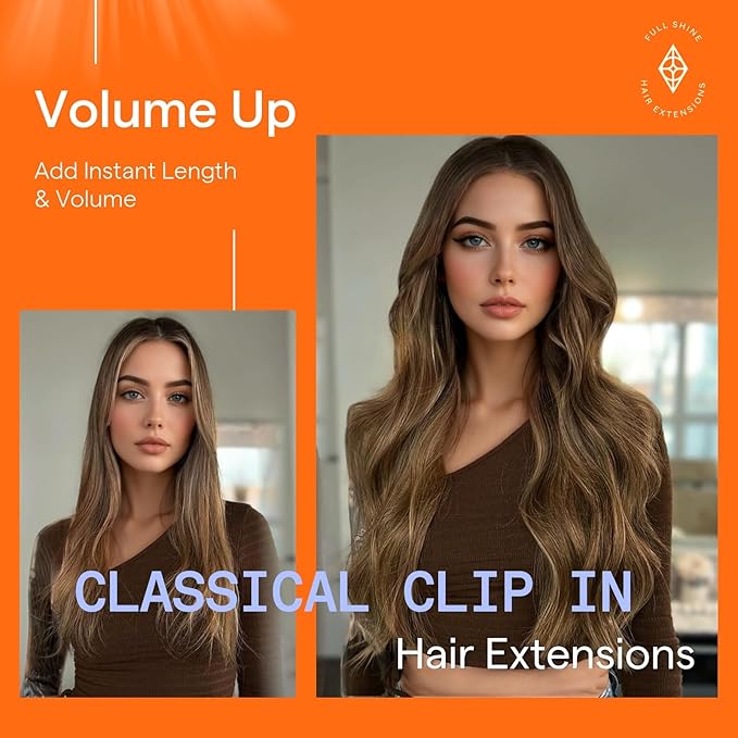 Full Shine Human Hair Clip in Extensions 20 Inch Balayage Dark Brown to Caramel Blonde Human Hair Extensions Clip ins for Women 7 Pcs 120 G