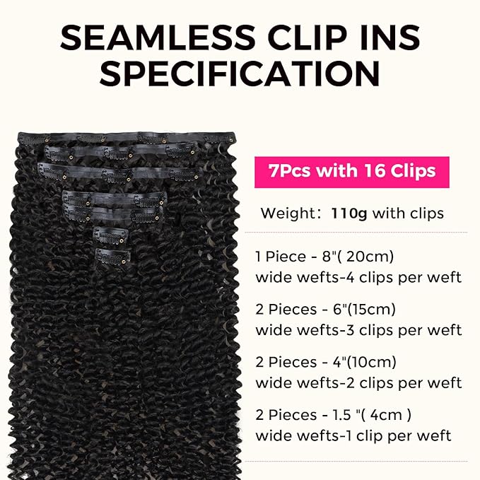 Lashey Kinky Curly Clip in Hair Extensions 110g 7pcs 16 Inch Natural Black Seamless Clip in Hair Extensions Human Hair with Soft Invisible PU Weft for Women