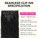 Lashey Kinky Curly Clip in Hair Extensions 110g 7pcs 16 Inch Natural Black Seamless Clip in Hair Extensions Human Hair with Soft Invisible PU Weft for Women