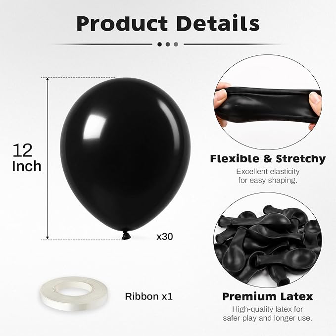Black Balloons, 12 Inch Black Latex Party Balloon | 30 Pack Matte Black Helium - Image 2
