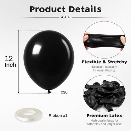 Black Balloons, 12 Inch Black Latex Party Balloon | 30 Pack Matte Black Helium - Image 2