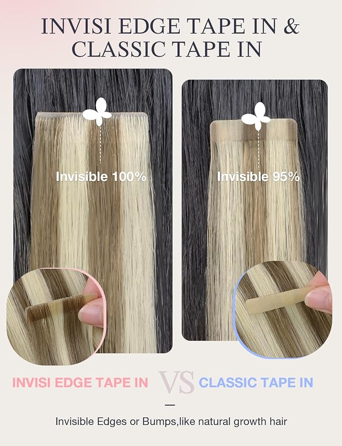 DOORES Invisi Edge Human Hair Tape in Extensions, Light Brown Highlighted Medium Blonde 10 Injection Tape-ins with 10 Injection Tape-ins 50g 24 Inch, Injected Tape in Virgin Human Hair