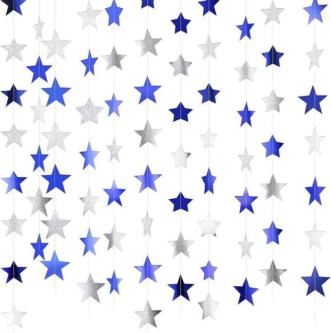 Patelai 130 ft Star Garland Banner Decor, Ocean Blue, Glitter Silver by Patelai