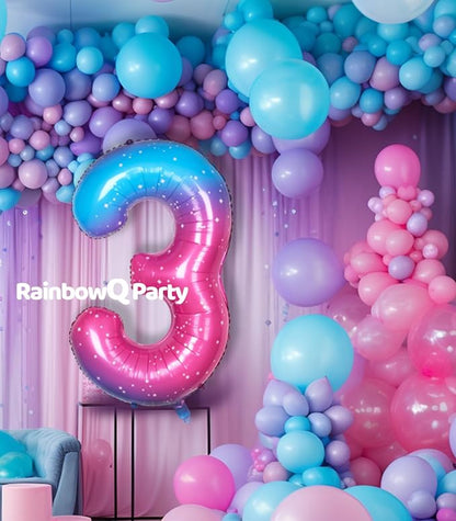 RainbowQ Blue Pink 3 Balloon Number 40 Inch Big 0-10 Foil Large Balloon | - Image 3