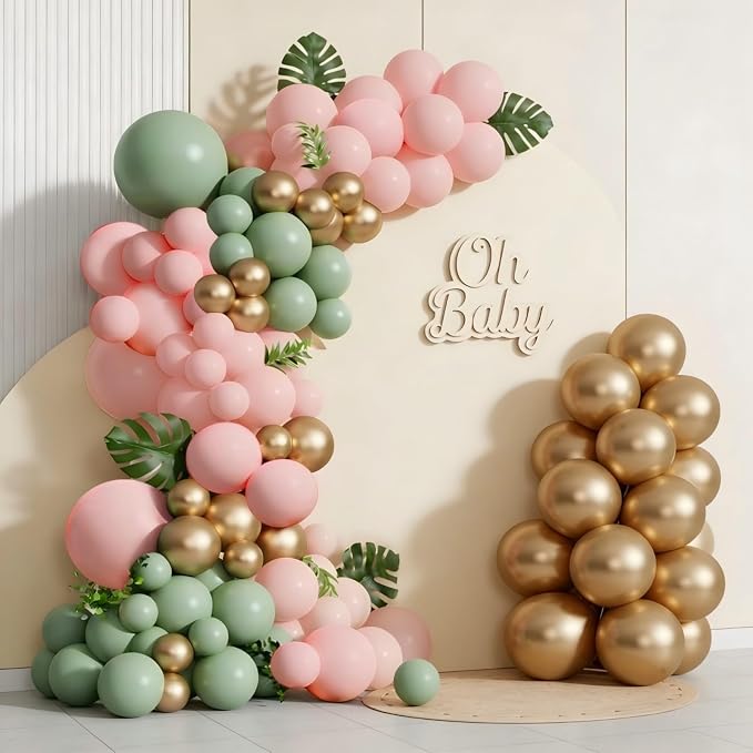 Spring Balloon Garland Arch Kit 160Pcs Sage Green Pink and Gold Latex Balloons - Image 3
