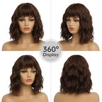 Short Chocolate Brown Wigs for Women Dark Brown Wavy Bob Wig with Bangs Medium Lenth Synthetic Natural Hair Wigs for Daily Party Use(14 Inch)