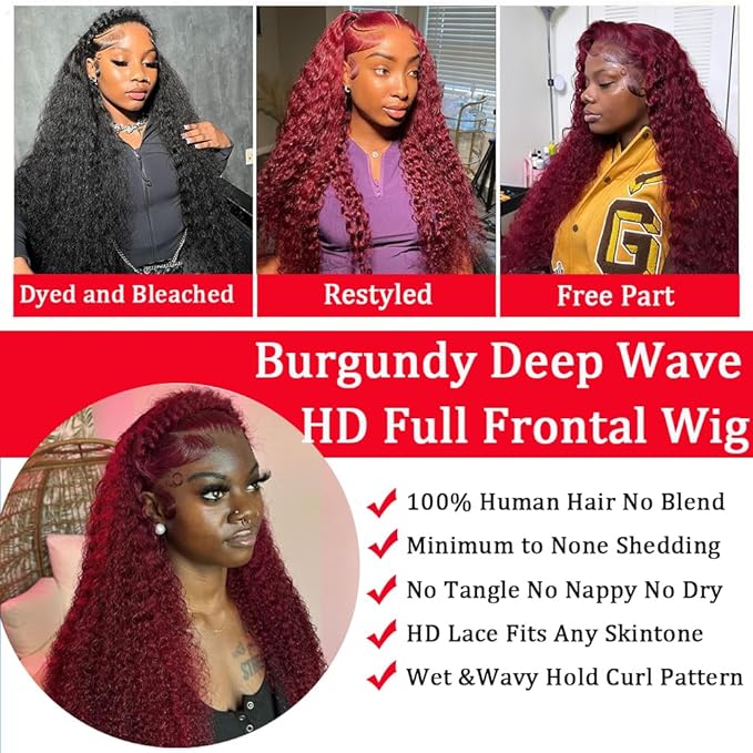 32 Inch 99J Burgundy Lace Front Wigs Human Hair 13x6 HD Deep Wave Lace Front Wigs Human Hair Pre Plucked Red Colored Frontal Curly Human Hair Wig For Women