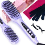 LANDOT Hair Straightener Brush for Damaged Hair - Keratin & Argan Oil Coated Bristles, Ionic Ceramic Straightening Brush to Reduce Frizz & Nourish Hair, Dual Voltage, 12 Temp 250-450F, Purple