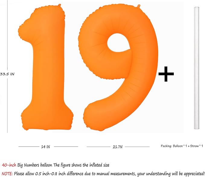 Orange Birthday Number 19 Balloon 40IN Fluorescent Orange 91 Balloon | - Image 2