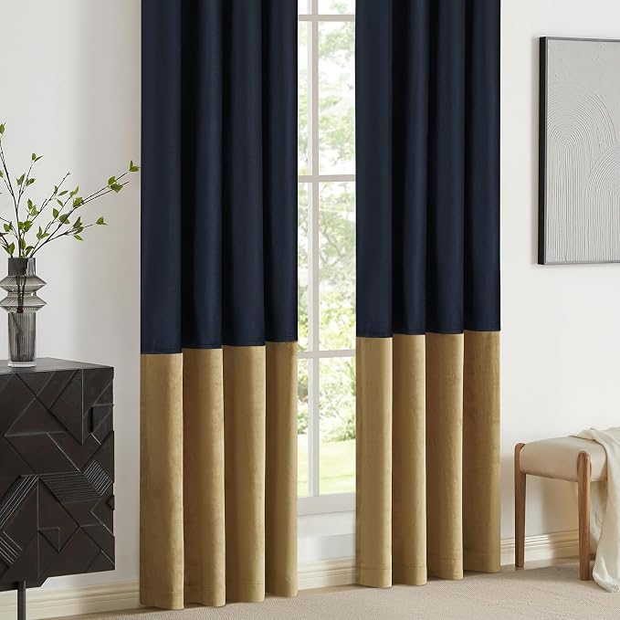 Blue Gold Velvet Blackout Curtains Luxury Decor 120 inches, Color Block | - Image 4
