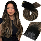 Moresoo Seamless Clip in Hair Extensions Human Hair Ombre Black to Blonde Hair Clip Extensions for Women Straight Balayage Natural Black to Brown with Caramel Blonde 120g/7pcs 16in