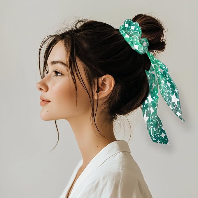 Green Star Hair Ties Elastic Ribbon 2 Pack Sun Moon Black Knotted Bow Hair Scrunchies for Girls No Damage Ponytail Scrunchy with Long Tails
