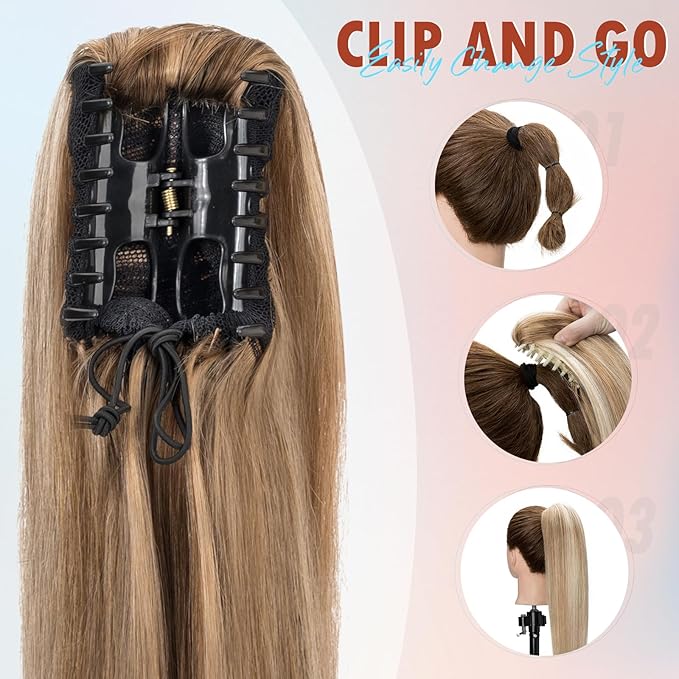 Hairro Claw Clip Ponytail Human Hair Extensions Jaw On Ponytails Remy Long Straight Jaw/Claw Clips Pony Tail Hairpieces For Women 14 Inch 105g #4P27 Medium Brown Mix Dark Blonde