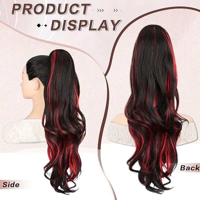 Ponytail Extension, Drawstring Ponytail Extension for Women 26 Inch Long Wavy Highlights Pony Tails Hair Extensions Synthetic Clip in Ponytail Hairpiece for Women(H1B/113)