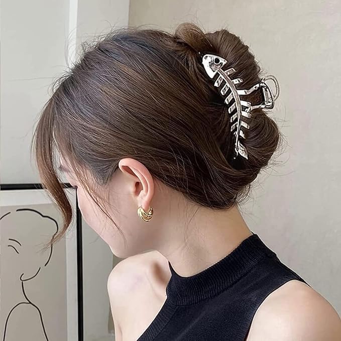 Fishbone Hair Clips Claw Non-Slip Fish Shaped Hair Claw Clips for Women and Girls - Big Metal Fishbone Hair Jaw Clamps for Secure Hair Styling and Accessories (Silver Fishbone)