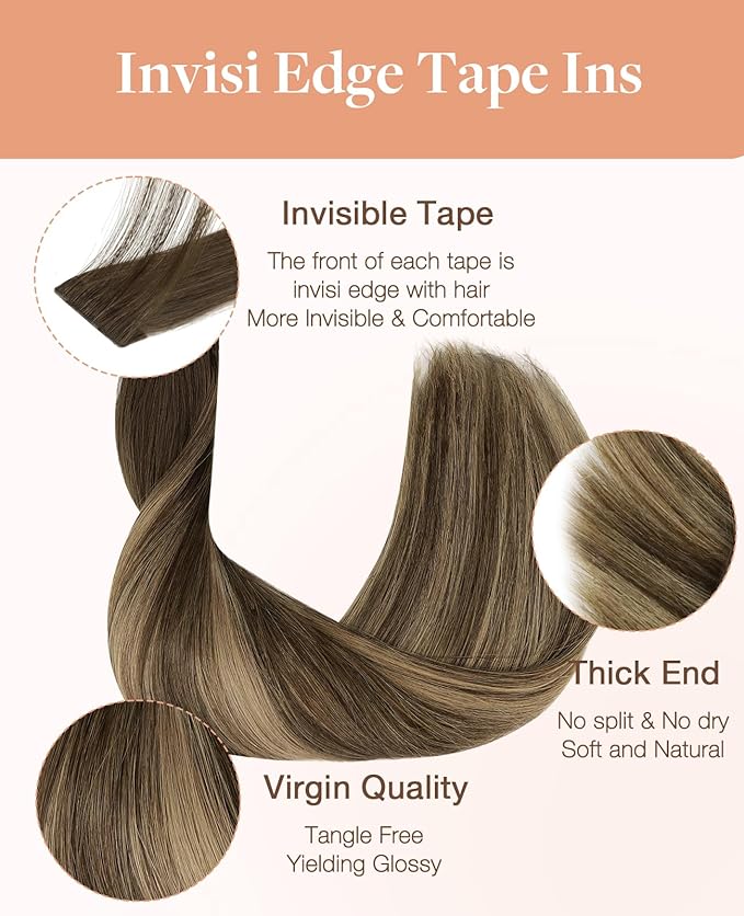 GOO GOO Invisi Edge Tape in Hair Extensions Human Hair, 4/27/4 Balayage Chocolate Brown to Caramel Blonde 20pcs 10inch 30g, Virgin Remy Hair, Seamless Injected Tape, Natural Look
