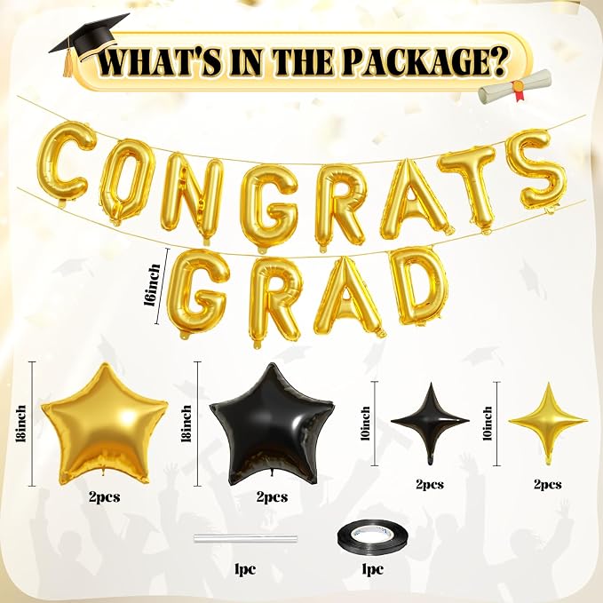 Congrats Grad Balloons, 16 Inch Black Gold Congrats Grad Letters Banner Balloons - Image 2
