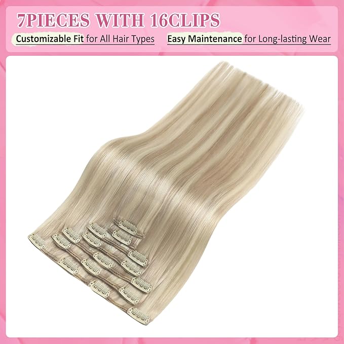 YoungSee 135G Blonde Clip in Hair Extensions Highlight Hair Extensions Clip ins Straight Clip on Hair Extensions for Women Ash Blonde Highlights Bleach Blonde 18Inch 7Pcs