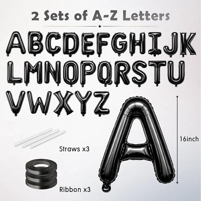 52 Pcs Black Letter Balloons 16 Inch Mylar Foil Alphabet Letters 2 Sets A- Z - Image 2