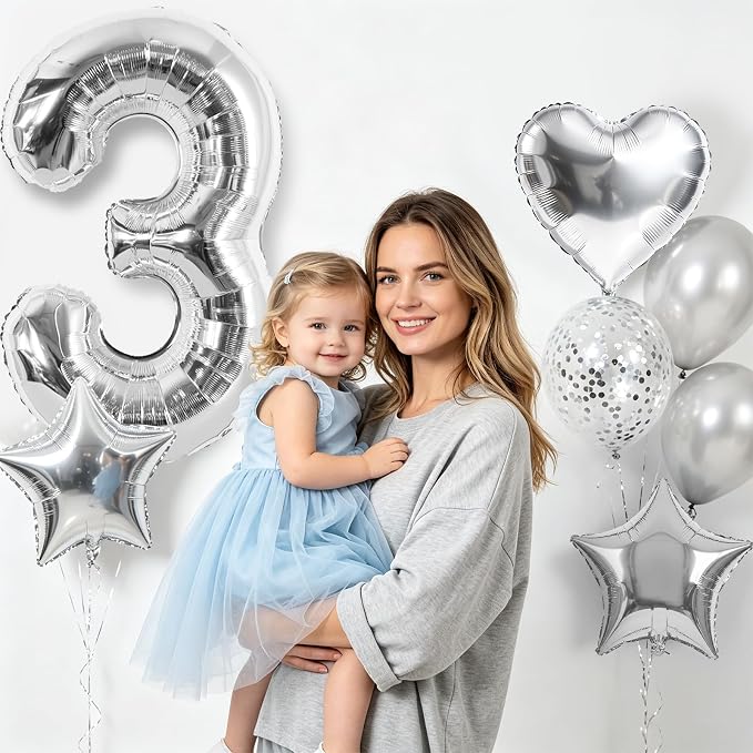 TONIFUL 3rd Birthday Balloons Kit 40Inch Silver Large Number 3 Foil Balloon | - Image 4