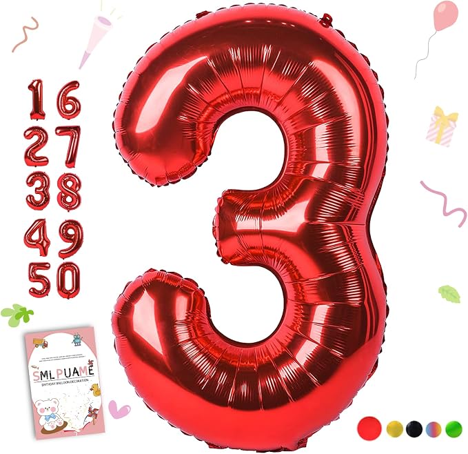40 inch Number Balloon 0-9 Red Large Number 3 Balloons, Digital Balloons by Smlpuame