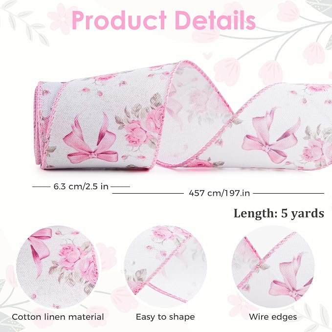 4 Rolls Pink Floral Wired Ribbon Set - Image 5