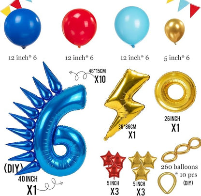 Speed Hedgehog 6th Birthday Balloon Centerpiece Set Royal Blue Red Gold Latex - Image 5