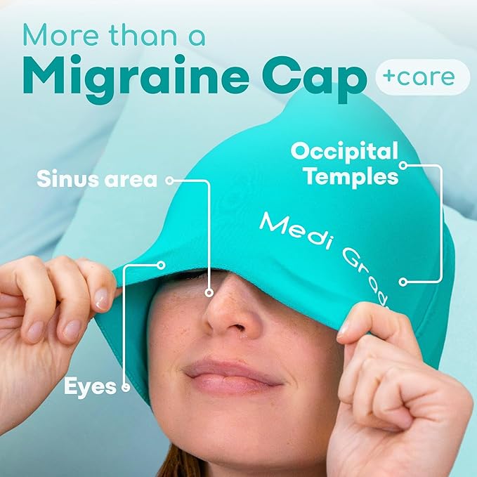 Medi Grade Migraine Relief Cap - Cooling Compression Headache Relief Cap with Full Coverage - Soft Flexible Fabric Gel Migraine Cap That Blocks Light, Reusable Migraine Mask for Cold Therapy