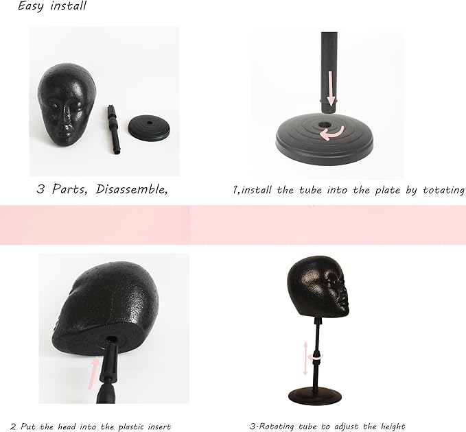 2 PACKS Adjustable wig or hat black styrofoam mannequin head holder stand (13”to 17”) (Black head 01)