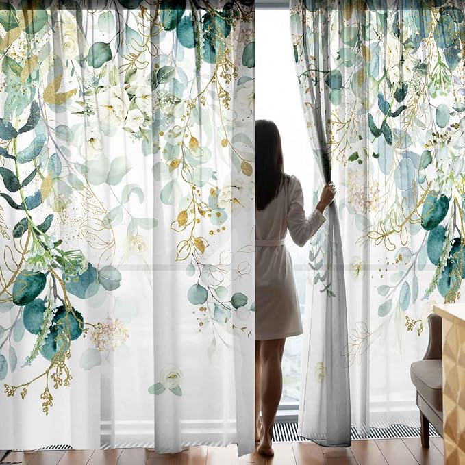 Gold Green Curtains 84 Inches Long Sage Green Leaves Light Filtering Curtain - Image 3