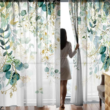 Gold Green Curtains 84 Inches Long Sage Green Leaves Light Filtering Curtain - Image 3