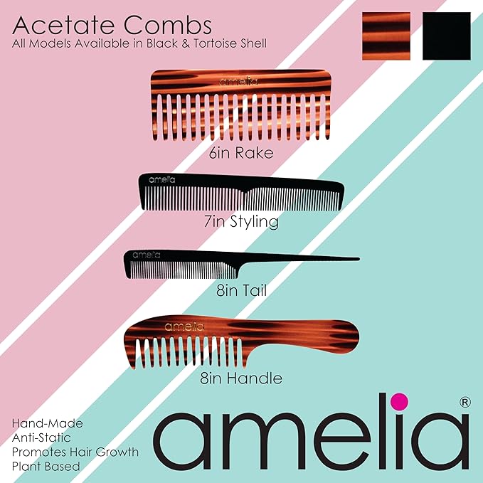 Amelia Beauty Cellulose Acetate 8in Rat Tail Comb, Handmade, Smooth Edges, Eco-Friendly Plant Based Material, Log Tail Sectioning, Course Teeth - Black Color