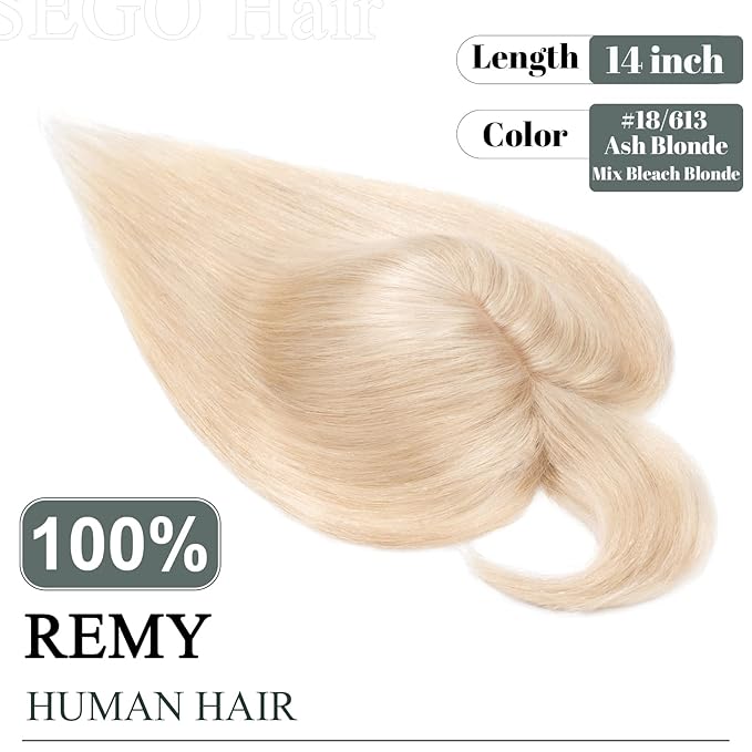 SEGO Hair Toppers for Women Real Human Hair with Thinning Hair, Toppers Hair Clip in Toppers with Front Bangs 150% Density Silk Base -14 Inch #18/613 Ash Blonde Mix Bleach Blonde