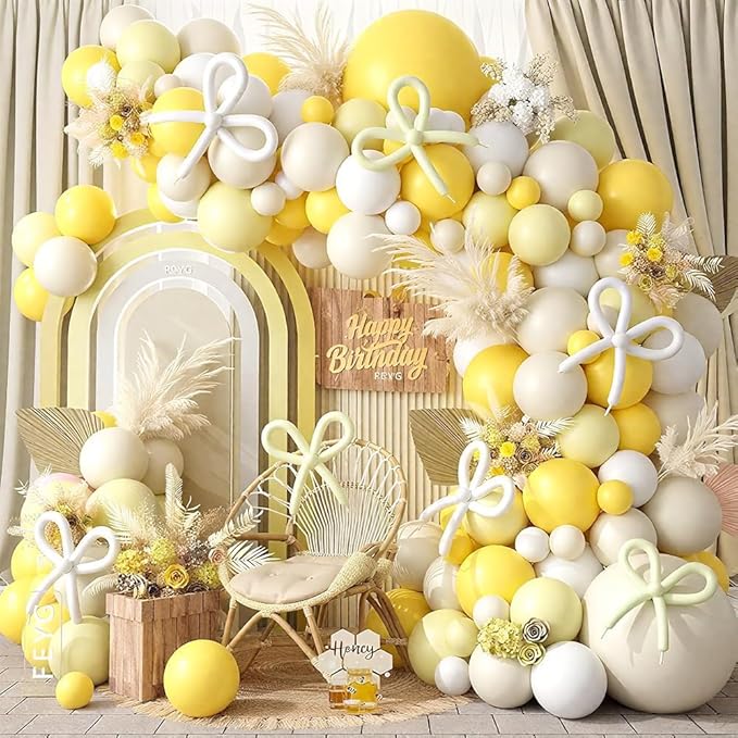 Mustard Yellow Bow Balloon Arch Kit, Sand White Pastel Yellow Balloon Garland by FEYG