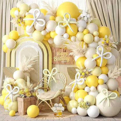 Mustard Yellow Bow Balloon Arch Kit, Sand White Pastel Yellow Balloon Garland by FEYG