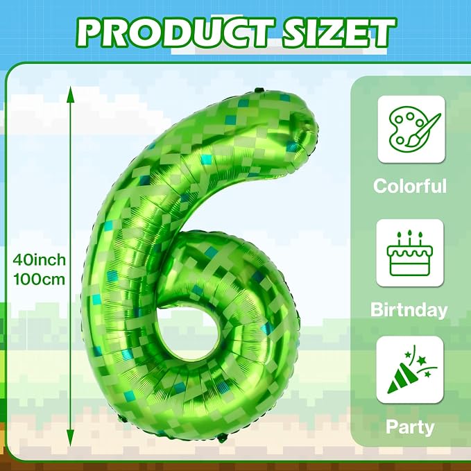 40 Inch Giant Green Pixel Miner Theme Number Balloons 40 Inch Foil Party - Image 2