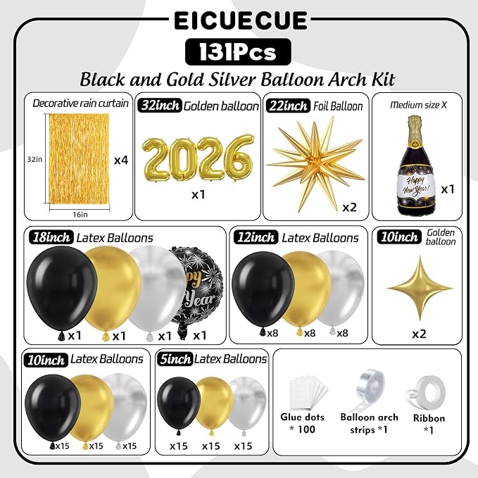 Black and Gold Silver Balloons Garland Arch Kit - Image 2