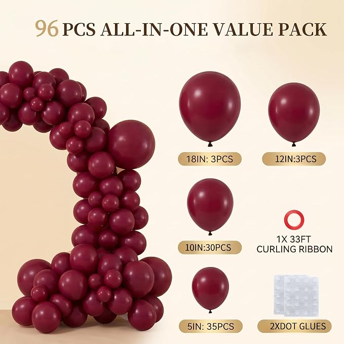 96Pcs 5/10/12/18 Inch Burgundy Dark Red Latex Balloon Garland Arch Kit | Maroon - Image 2