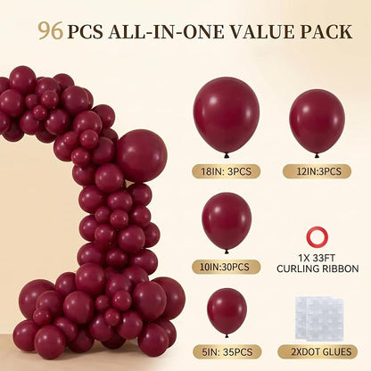 96Pcs 5/10/12/18 Inch Burgundy Dark Red Latex Balloon Garland Arch Kit | Maroon - Image 2