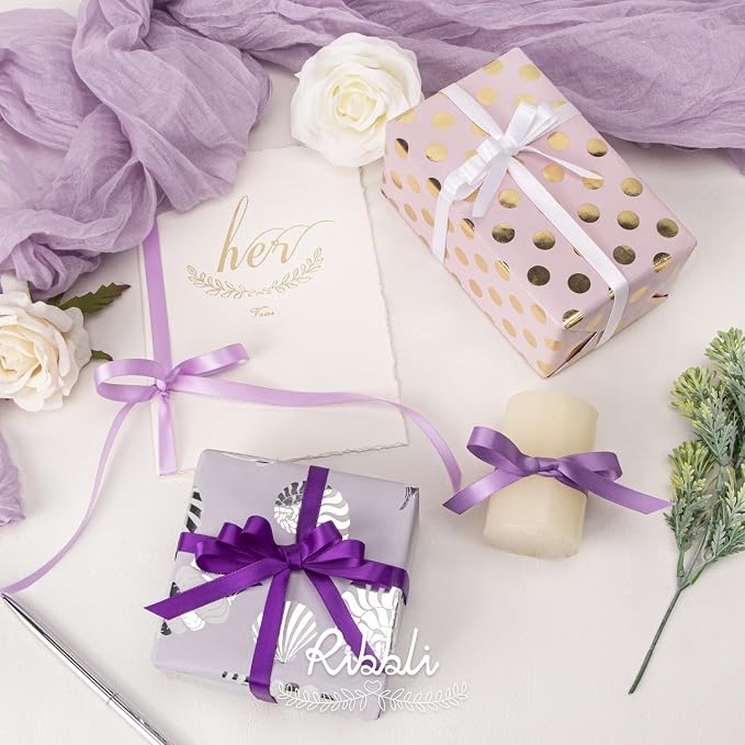Ribbli Purple Satin Ribbon 3/8 Inch x 4 Rolls Total 40 Yards-White Lavender - Image 3