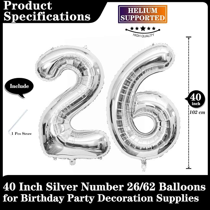 Silver 26 Number Balloons, 40 Inch Giant Number 26 Balloons Foil Mylar Helium - Image 2