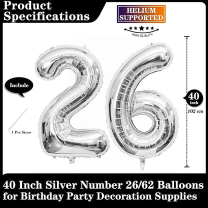 Silver 26 Number Balloons, 40 Inch Giant Number 26 Balloons Foil Mylar Helium - Image 2