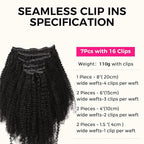 Lashey Clip in Hair Extensions 20 Inch 110g 7pcs Seamless Clip in Hair Extensions Human Hair Afro Kinky Curly Clip Ins for Women, #1B Natural Black 4C