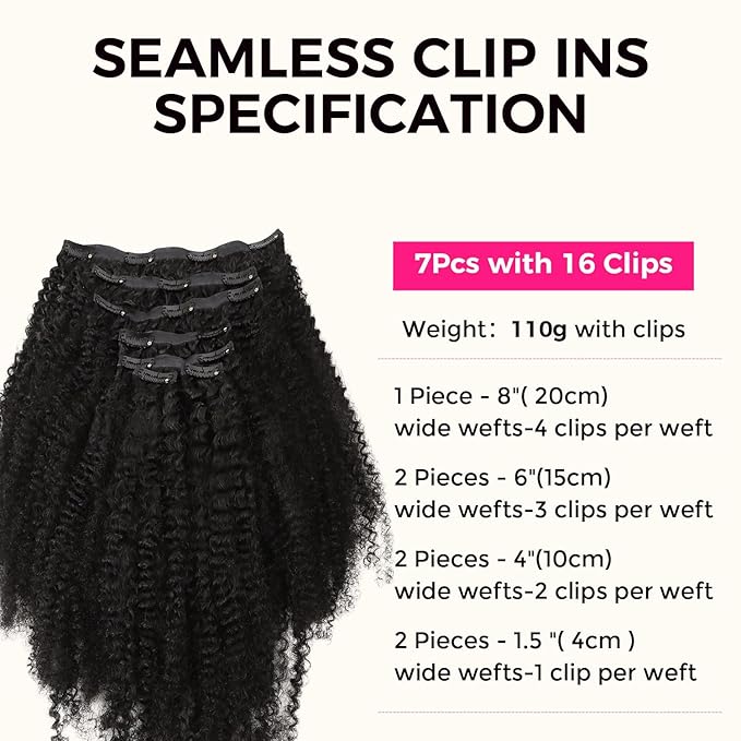 Lashey Seamless Clip in Hair Extensions Human Hair 18 Inch Afro Kinky Curly Clip in Hair Extensions Real Human Hair 110g 7pcs Natural Black Hair Extension Clips for Women