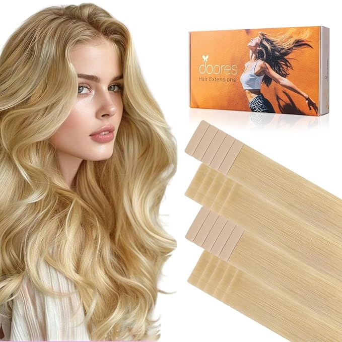 DOORES Invisi Edge Tape in Hair Extensions, Drity Blonde Mixed Platinum Blonde 10 Injection Tape-ins with 10 Classic Tape-ins 50g 18 Inch, Injection Tape in Extensions Virgin Hair