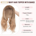 Hairro 18 Inch Long Hair Toppers Wavy with Side Bangs for Women, Clips In Synthetic Hairpieces Capless, for Adding Volume/Birthday/Party/Halloween/Cosplay Dress Up, Blonde mix White with Brown Root