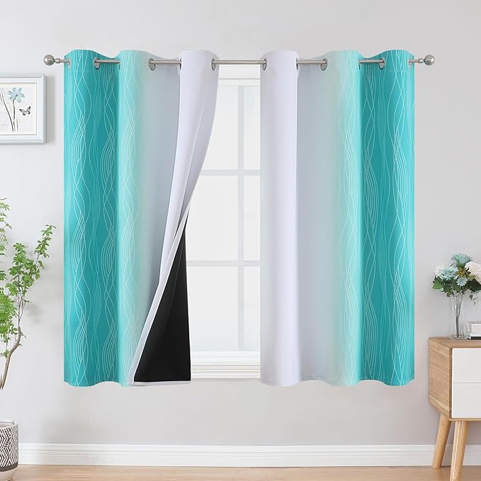Teal and Greyish White Blackout Curtains 45 Inch Length, Light Blocking by ESTELARTEXTILER