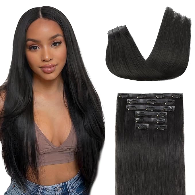 Lashey Seamless Clip in Hair Extensions Human Hair 120g 7pcs Straight Thick Remy Human Clip in Hair Extensions with Full End 18 Inch Natural Black
