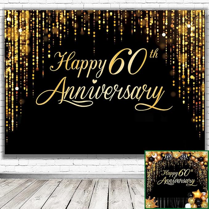 Happy 60th Annverisary Background Decorations Black Gold Backdrop Banner - Image 3